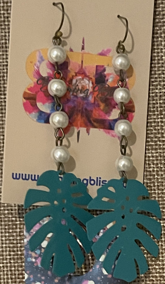 Aqua Leaf Pearl Earrings