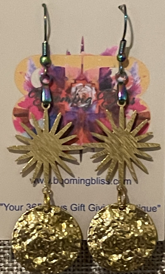Gold Sunburst Medallion Dangling Earrings